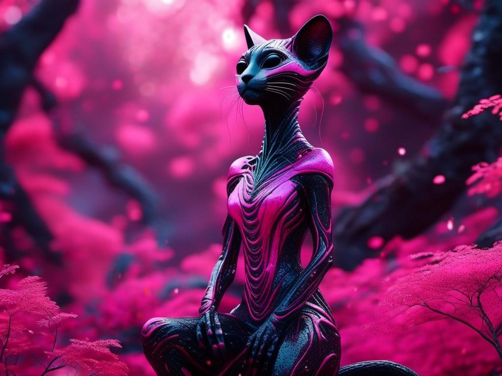 Prompt: <mymodel> cat alien in pink forest   (UHD, 4k,intricately detailed, deep color, high contrast)