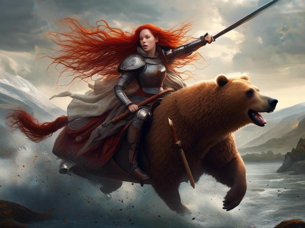 Prompt: <mymodel> woman with wavy long red hair in medieval dress riding a bear into battle 