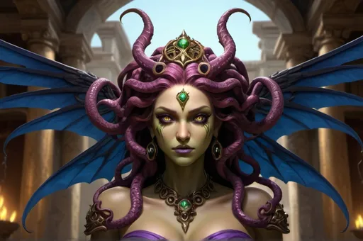 Prompt: medusa in greek palace from Chiroptera wings. wings spanned,  (world of warcraft theme) UHD, 4k,intricately detailed, deep colors, high contrast (UHD, 4k,intricately detailed, deep colors, high contrast)