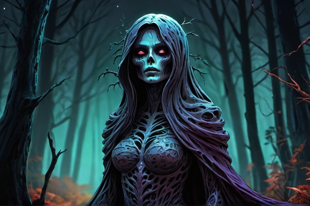 Prompt: Spooky Wraith woman, spooky forest, cool colors cartoon, illustration,  fantasy, UHD, 4k,intricately detailed, deep colors, high contrast (UHD, 4k,intricately detailed, deep colors, high contrast)