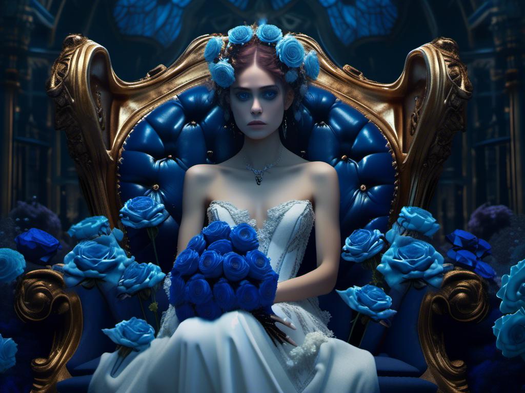 Prompt: <mymodel>  bride in dark room sorrowful holding bouquet of Blue roses sitting in giant chair  (Tim Burton art style) .UHD, 4k,intricately detailed, deep colors, high contrast (UHD, 4k,intricately detailed, deep colors, high contrast)