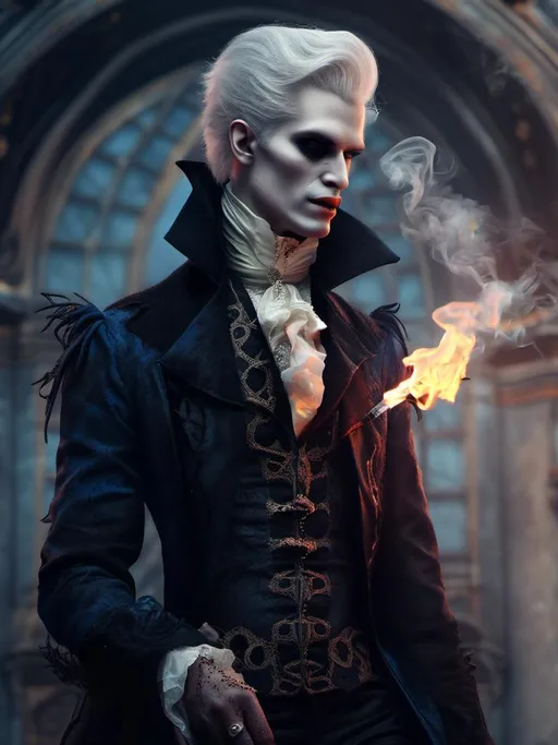 Prompt: <mymodel> (vampire) (goth) (man)  (renaissance) man sophisticated elegant smoking , detailed, realistic, 4k, high saturation of color,  high contrast