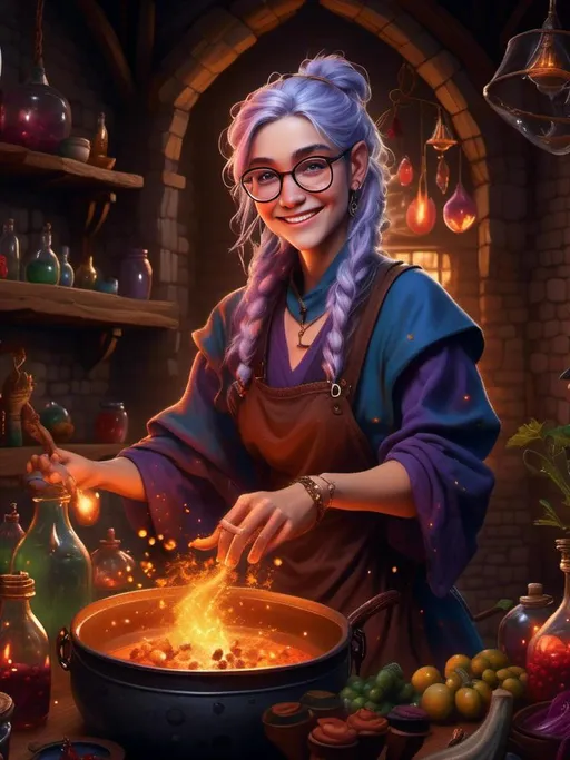 Prompt: <mymodel>heavy set woman middle aged man wizard cooking potions, wearing glasses, jolly smile. in chef's clothing  (medieval) (dungeons and dragons style) , UHD, 4k,intricately detailed, deep colors, high contrast (UHD, 4k,intricately detailed, deep colors, high contrast)