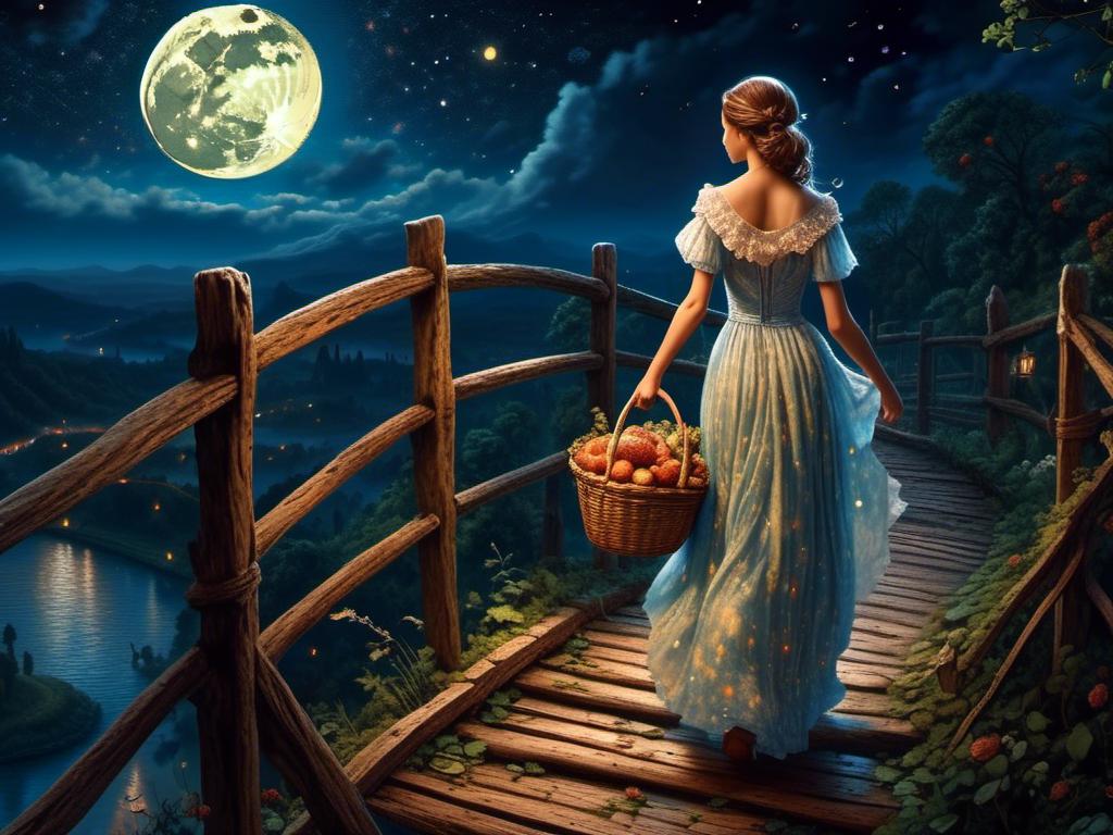 Prompt: <mymodel>   woman in dress holding a basket walking down bridge in the night under the moon light (wizard of oz art style) .UHD, 4k,intricately detailed, deep colors, high contrast (UHD, 4k,intricately detailed, deep colors, high contrast)