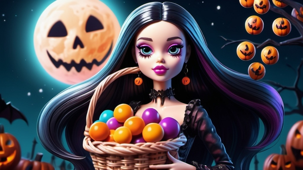 Prompt: spooky, halloween, goth barbie character with lots of candy over flowing in basket, on a full moon night fantasy, cute, colorful, and whimsical, cartoon, illustration (UHD, 4k,intricately detailed, deep colors, high contrast)