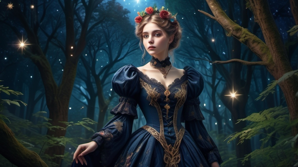 Prompt: character, mystical, starry, in beautiful Victorian clothing, in fantasy forest (virgo) (UHD, 4k,intricately detailed, deep colors, high contrast)