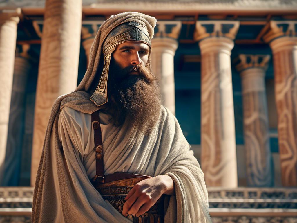 Prompt: <mymodel>Greek man with long beard (strong) (spartan)  in ancient Greek clothing, in temple. guarding tomb . detailed, realistic, 4k, high saturation of color,  high contrast