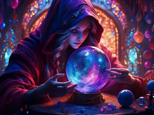 Prompt: <mymodel> ghostly being looking into crystal ball, fantastical, mage, vibrant colors, and whimsical  (UHD, 4k,intricately detailed, deep colors, high contrast)