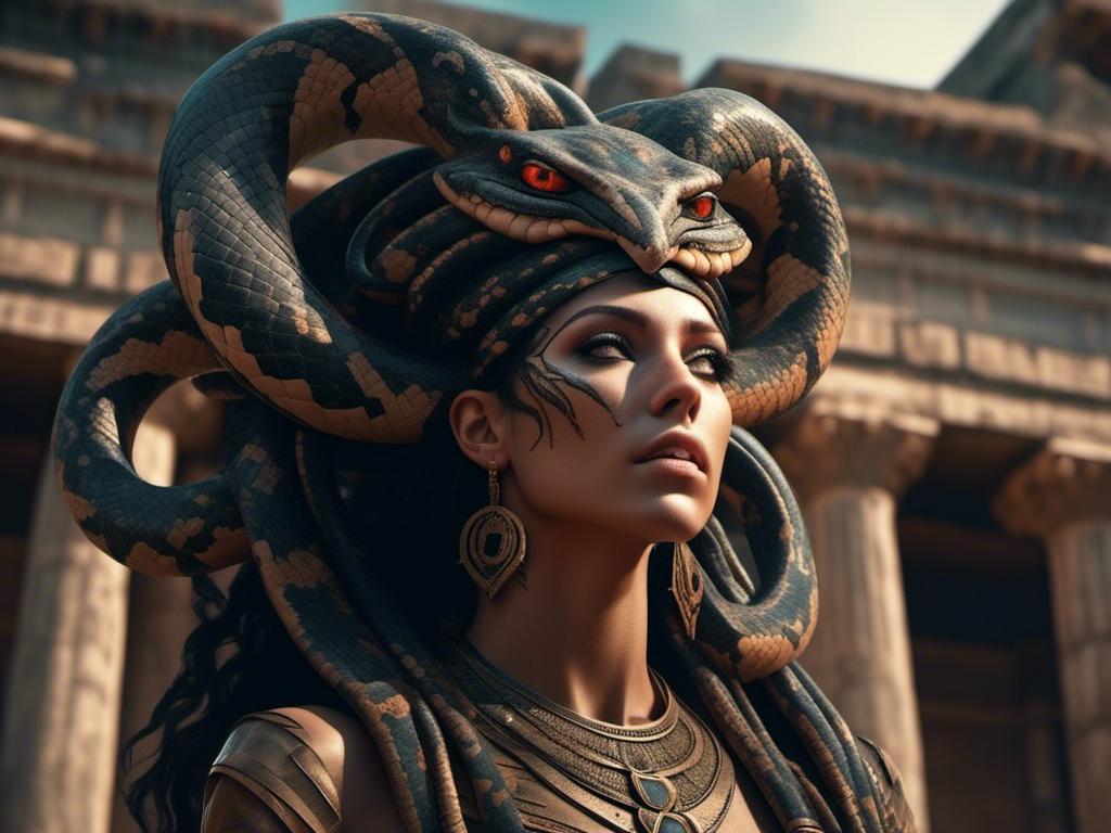 Prompt: <mymodel> medusa, woman with snakes for hair, fangs, in Greek temple ruins. (UHD, intricate details, deep colors, 4k)