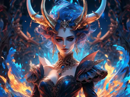 Prompt: <mymodel> evil queen, horns and blue flames burning .UHD, 4k,intricately detailed, deep colors, high contrast (UHD, 4k,intricately detailed, deep colors, high contrast)