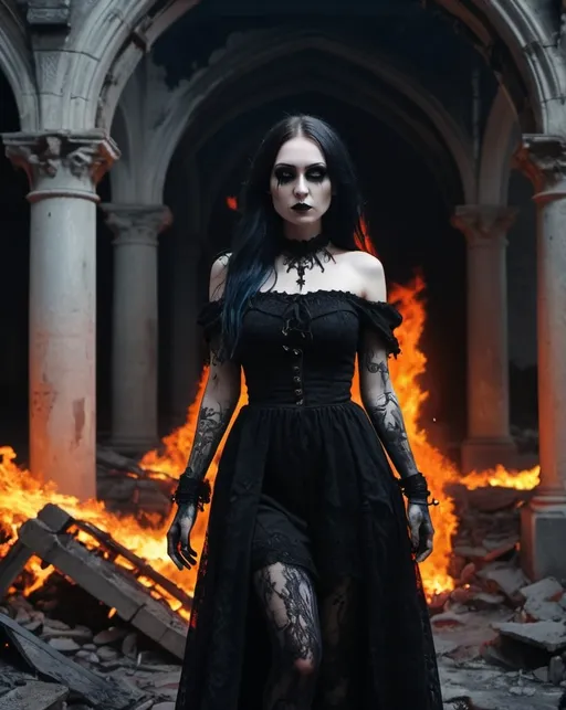 Prompt: <mymodel>gothic woman, made of fire walking through city ruins haunting .UHD, 4k,intricately detailed, deep colors, high contrast (UHD, 4k,intricately detailed, deep colors, high contrast)