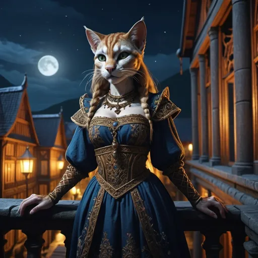 Prompt: khajiit female, ancient norway in palace, at night, in nordic dress, standing on balcony  fantasy, whimsical, gothic.mythical UHD, 4k,intricately detailed, deep colors, high contrast (UHD, 4k,intricately detailed, deep colors, high contrast)