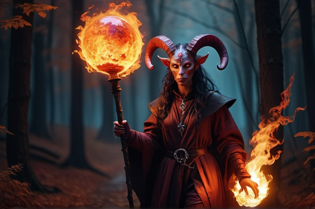 Prompt: tiefling with giant staff with flaming orb, on widing path in forest autumn  windy  and  night  fantasy, whimsical, gothic.mythical UHD, 4k,intricately detailed, deep colors, high contrast (UHD, 4k,intricately detailed, deep colors, high contrast)