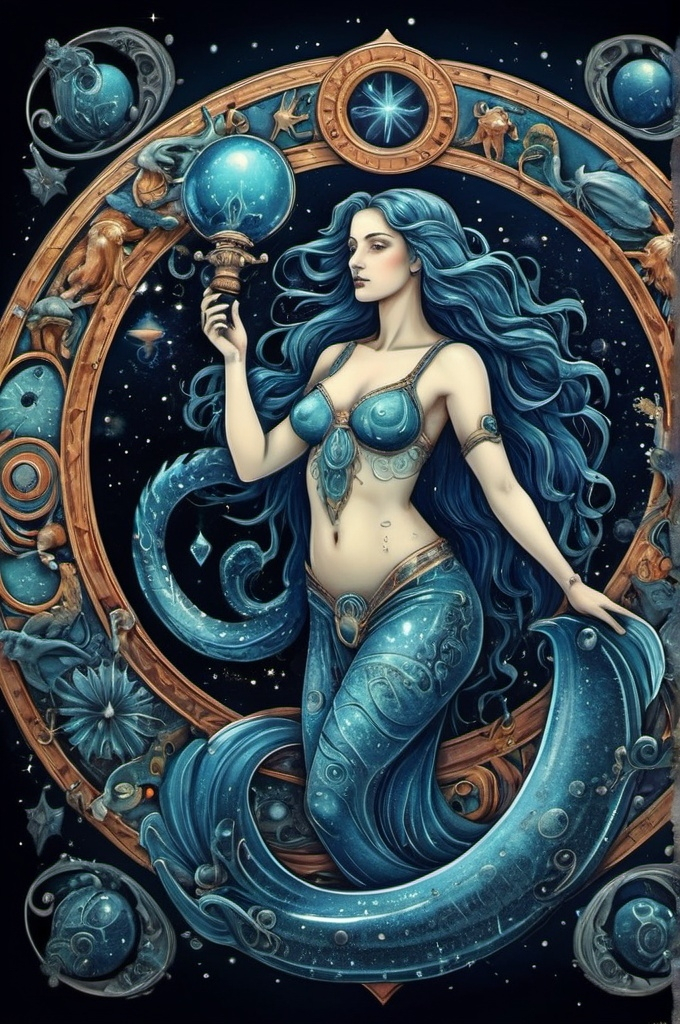 Prompt: Aquarius ,Zodiac art mystical and whimsical (UHD, 4k,intricately detailed, deep colors, high contrast)