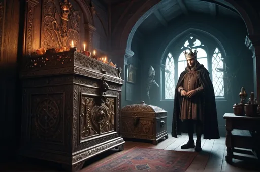 Prompt: Spooky man in beautiful clothing , crown, (medieval) looking into room from doorway where treasures are overflowing from a treasure chest fantasy, whimsical, gothic.mythical UHD, 4k,intricately detailed, deep colors, high contrast (UHD, 4k,intricately detailed, deep colors, high contrast)