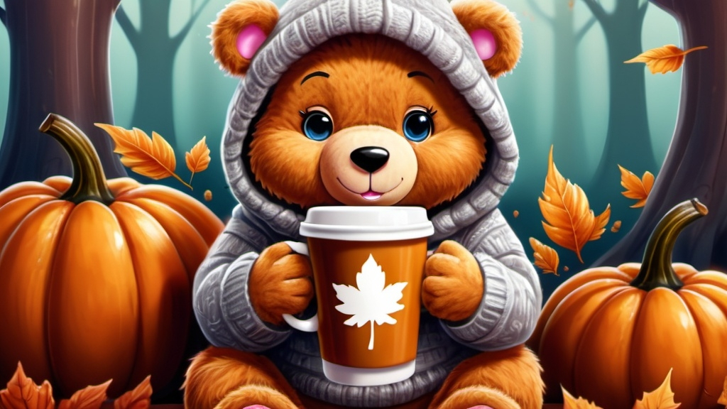 Prompt: carebear with pumpkin spice latte and falls leaves, cozy sweater, in hood ,cartoon, illustration (UHD, 4k,intricately detailed, deep colors, high contrast)