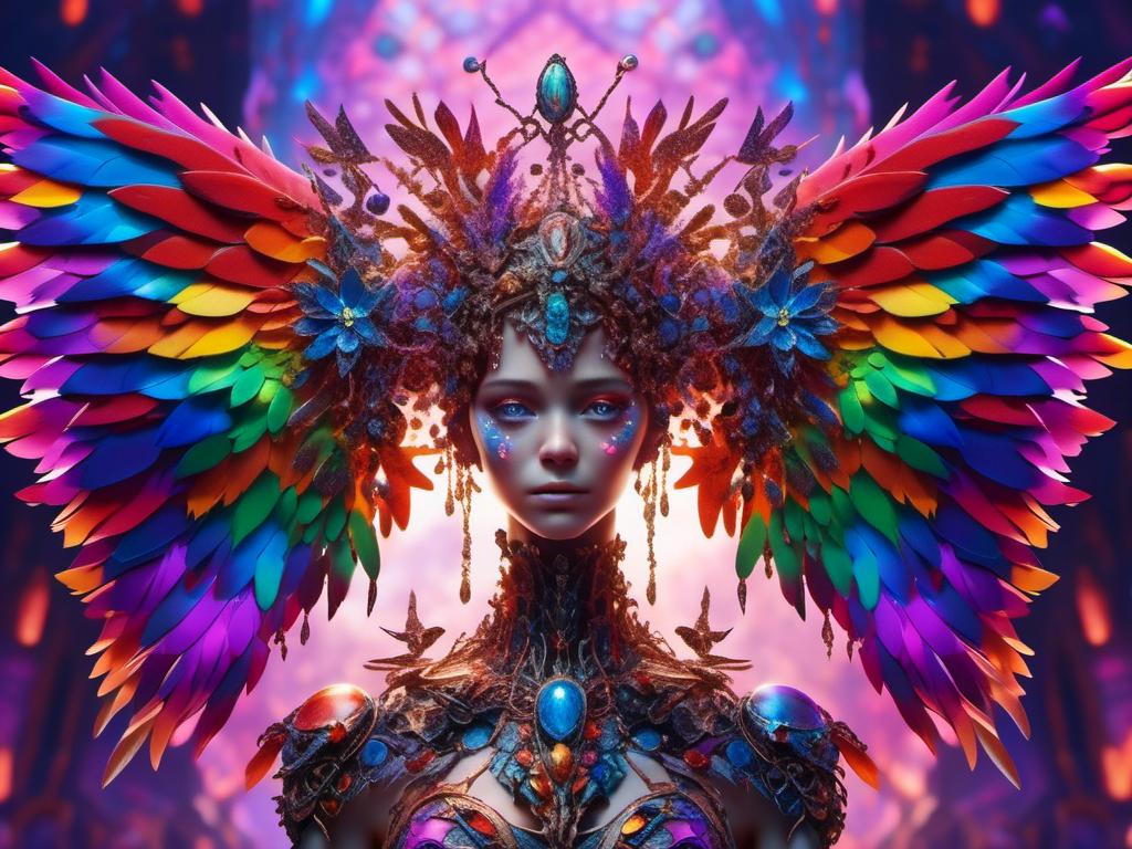 Prompt: <mymodel> cyborg,woman, rainbow metallic colors, wing span, filigree wings, crown  UHD, 4k,intricately detailed, deep colors, high contrast (UHD, 4k,intricately detailed, deep colors, high contrast)