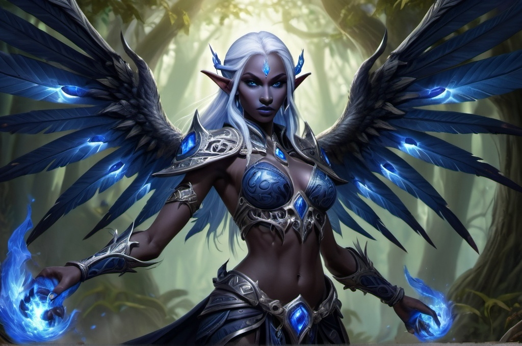 Prompt: warrior drow,  elf mage, blue flames spiraling from filigree wings. wings spanned,  (world of warcraft art style) UHD, 4k,intricately detailed, deep colors, high contrast (UHD, 4k,intricately detailed, deep colors, high contrast)