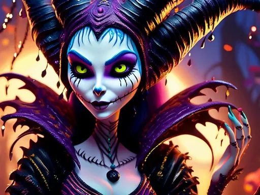 Prompt: <mymodel> malificent  (nightmare before Christmas art style) .UHD, 4k,intricately detailed, deep colors, high contrast (UHD, 4k,intricately detailed, deep colors, high contrast)