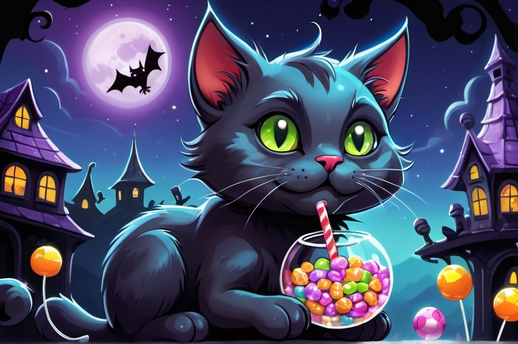 Prompt: cartoon, illustration,  cat with  sparkling candy  happy, floating, sparkly, spooky house (neopets art style) fantasy, whimsical, gothic.mythical  UHD, 4k,intricately detailed, deep colors, high contrast (UHD, 4k,intricately detailed, deep colors, high contrast)