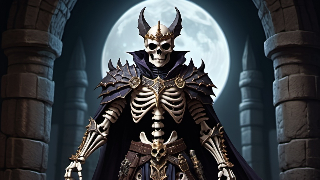 Prompt: skeleton bat anthro male king, warrior, elegant armor in dark tomb, moonlit, dungeons and dragons art style (UHD, 4k,intricately detailed, deep colors, high contrast)