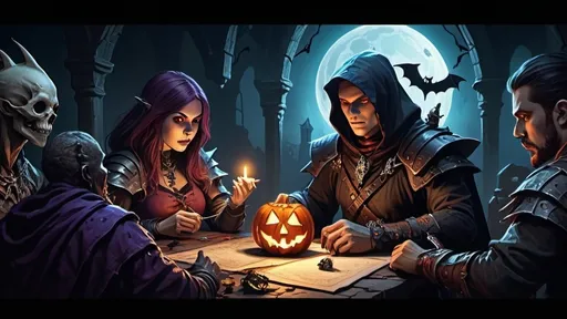 Prompt: Halloween people playing dungeons and dragons (UHD, 4k,intricately detailed, deep colors, high contrast)