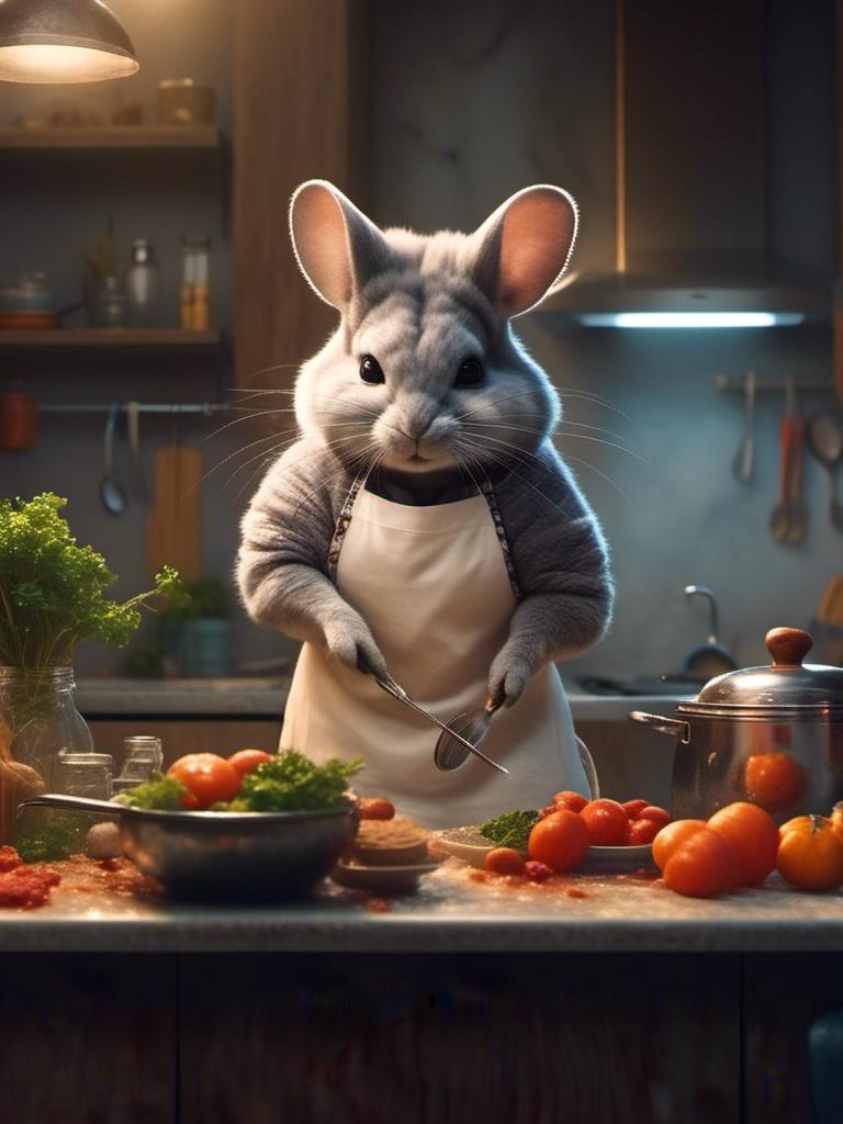 Prompt: <mymodel> (anthro) (furry)chinchilla cooking in kitchen sophisticated elegant detailed, realistic, 4k, high saturation of color,  high contrast