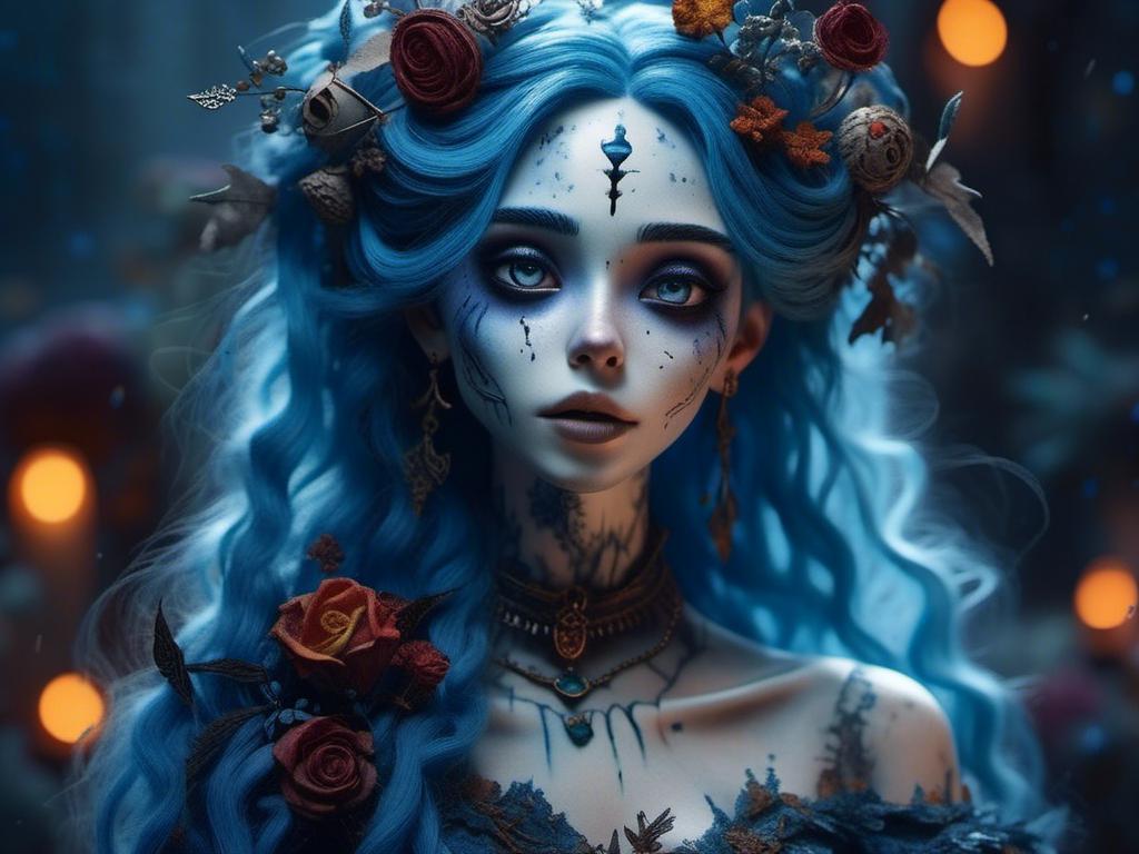 Prompt: <mymodel> undead bride, blue skin, torn dress, blue hair. (Nightmare before Christmas art style) .UHD, 4k,intricately detailed, deep colors, high contrast (UHD, 4k,intricately detailed, deep colors, high contrast)