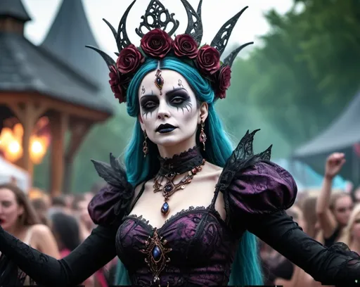 Prompt: Wraith queen dancing at festival fantasy, whimsical, gothic.mythical UHD, 4k,intricately detailed, deep colors, high contrast (UHD, 4k,intricately detailed, deep colors, high contrast)