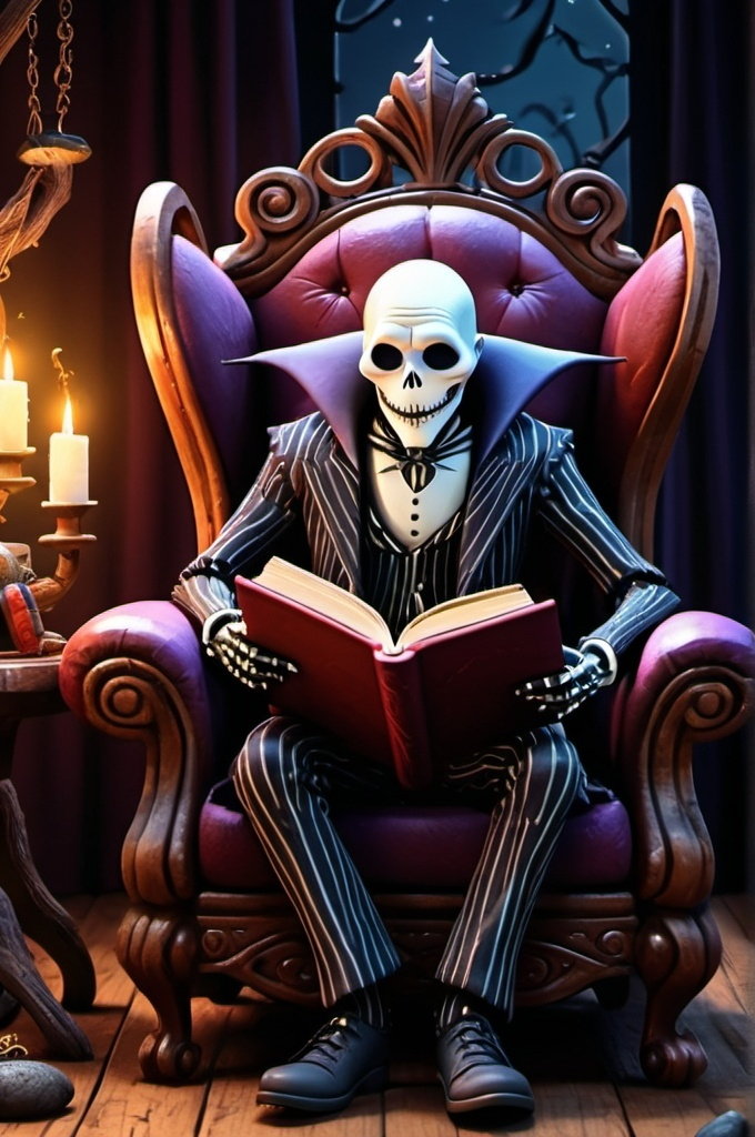 Prompt: wizard in cozy big chair reading book fantasy, whimsical, gothic.mythical (nightmare before christmas art style) UHD, 4k,intricately detailed, deep colors, high contrast (UHD, 4k,intricately detailed, deep colors, high contrast)