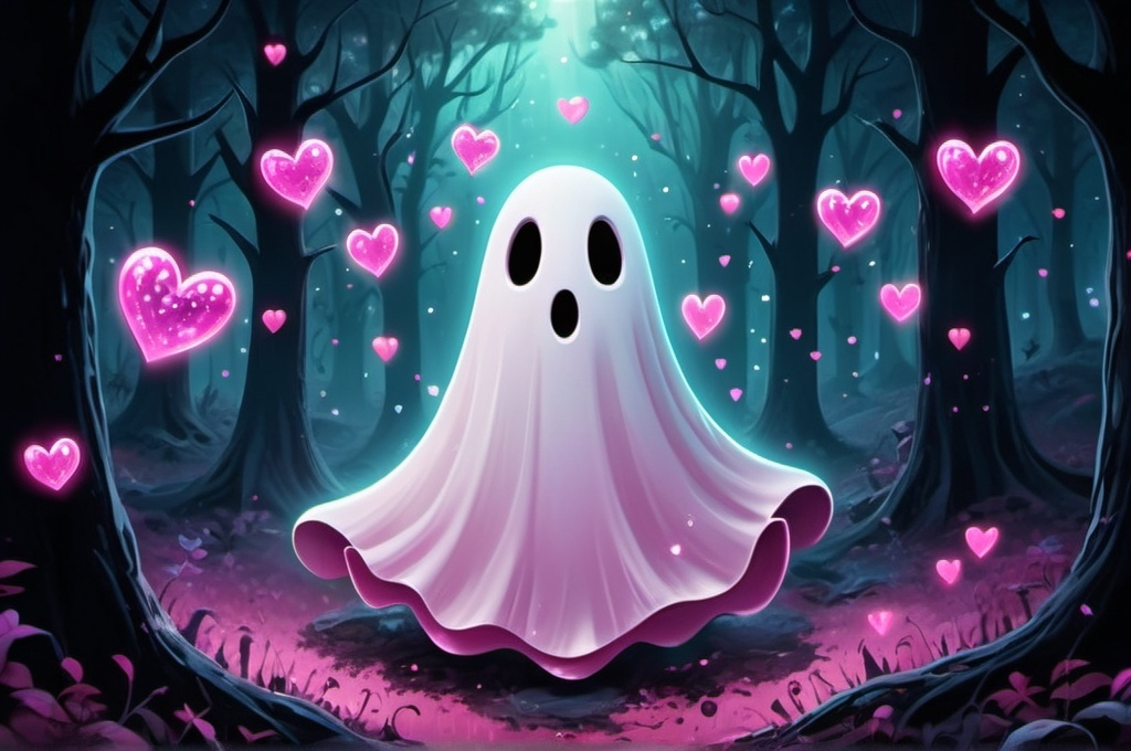 Prompt: cartoon, illustration, ghost with pink sparkling hearts, happy, floating, sparkly, spooky forest fantasy, whimsical, gothic.mythical  UHD, 4k,intricately detailed, deep colors, high contrast (UHD, 4k,intricately detailed, deep colors, high contrast)