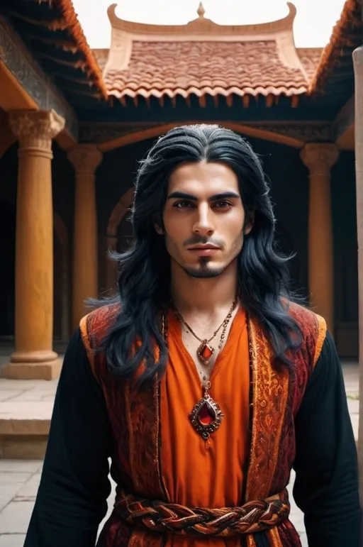 Prompt: persian man elemental being (fire) with long braided orange, red, and black hair, with beautiful jewelery in persian clothing. standing in a temple court yard (UHD, 4k,intricately detailed, deep colors, high contrast)