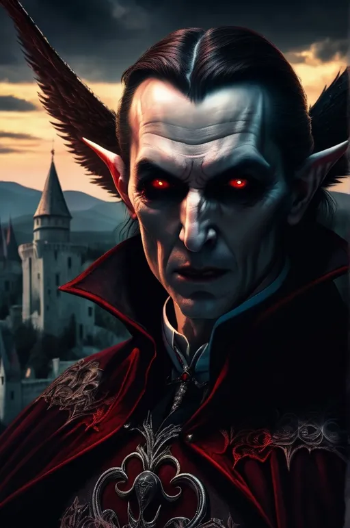 Prompt: evil vampire with glowing eyes staring,. in castle. (winged) (romanian) (fantasy) UHD, 4k,intricately detailed, deep colors, high contrast