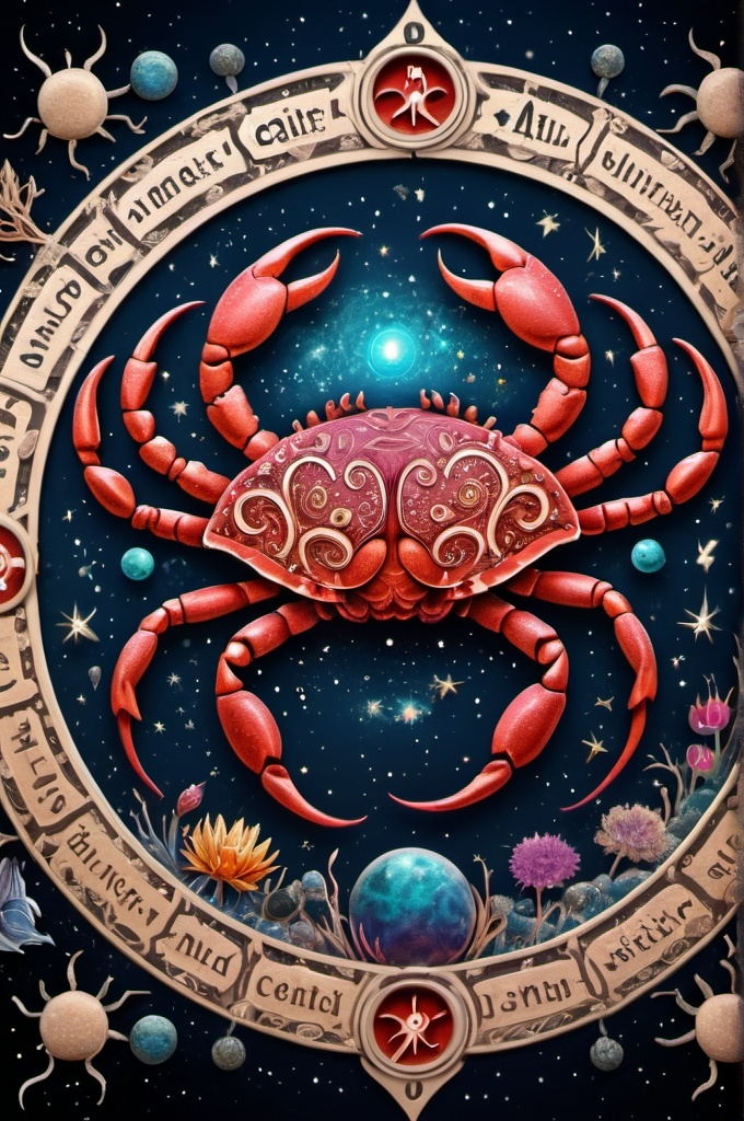 Prompt: Cancer ,Zodiac art mystical and whimsical (UHD, 4k,intricately detailed, deep colors, high contrast)