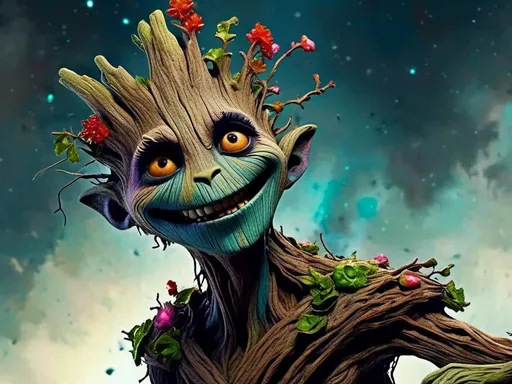 Prompt: <mymodel> groot  (Tim Burton art style) .UHD, 4k,intricately detailed, deep colors, high contrast (UHD, 4k,intricately detailed, deep colors, high contrast)