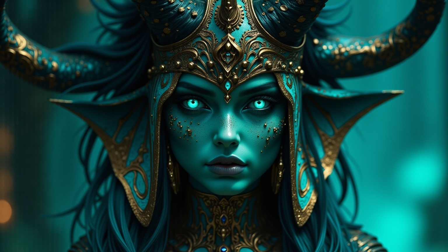 Prompt: Cyan and gold, Jeweled, Female Demon, with freckles, in Simon Bisley style, dark lighting, at night