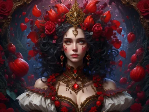 Prompt: <mymodel>queen of hearts , woman, Victorian clothing, volcanic, mythical, piercings  .UHD, 4k,intricately detailed, deep colors, high contrast (UHD, 4k,intricately detailed, deep colors, high contrast)