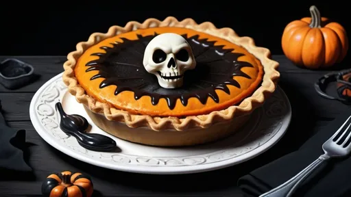 Prompt: spooky goth pumpkin pie  cartoon, illustration (UHD, 4k,intricately detailed, deep colors, high contrast)