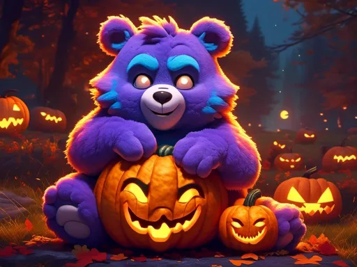 Prompt: <mymodel> (care bear) care bear pumpkin (spooky surroundings) (colored fur) (Halloween), detailed, cartoon, high saturation of color, cartoon,  4k, high saturation of color, high contrast