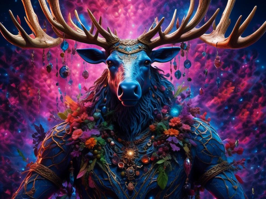 Prompt: <mymodel> moose man, starry, mythical, piercings  .UHD, 4k,intricately detailed, deep colors, high contrast (UHD, 4k,intricately detailed, deep colors, high contrast)