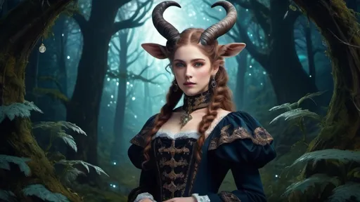 Prompt: character, mystical, starry, in beautiful Victorian clothing, in fantasy forest (capricorn) (UHD, 4k,intricately detailed, deep colors, high contrast)