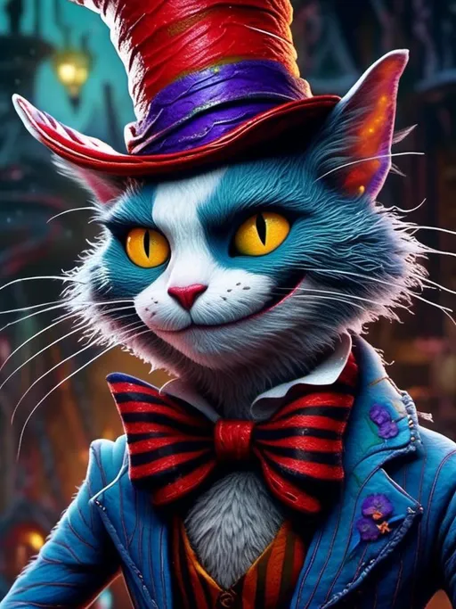 Prompt: <mymodel> cat in the hat  (nightmare before Christmas art style) .UHD, 4k,intricately detailed, deep colors, high contrast (UHD, 4k,intricately detailed, deep colors, high contrast)