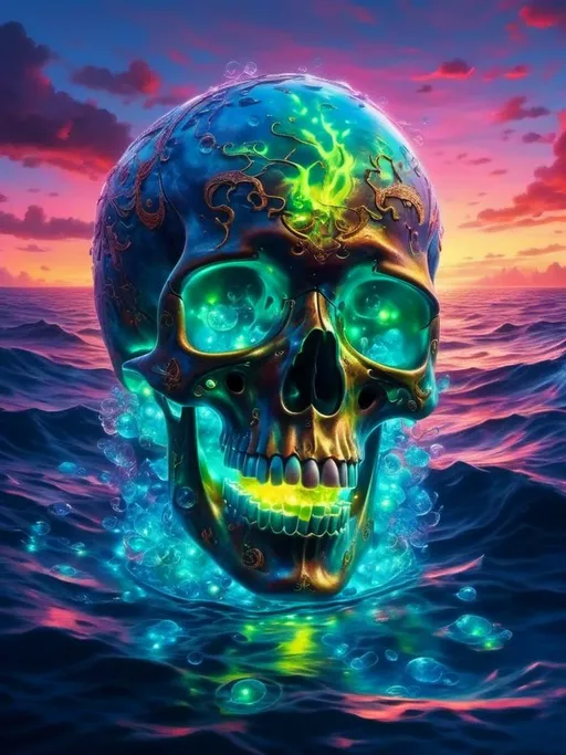 Prompt: <mymodel> fluorescent glowing skull floating in the ocean