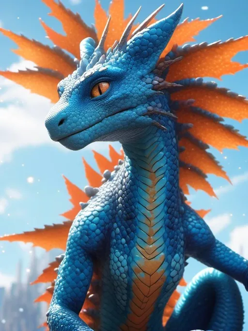 Prompt: <mymodel> anthro dragon lizard female (orange and blue) (scales) (blue eyes) (humaniod) majestic being , UHD, 4k,intricately detailed, deep colors, high contrast (UHD, 4k,intricately detailed, deep colors, high contrast)