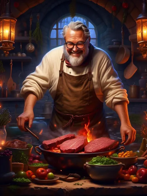 Prompt: <mymodel>heavy set man middle aged man with pot belly cooking steak, wearing glasses, jolly smile. in chef's clothing  (medieval) (dungeons and dragons style) , UHD, 4k,intricately detailed, deep colors, high contrast (UHD, 4k,intricately detailed, deep colors, high contrast)