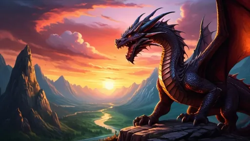 Prompt: ordic valley sunset, dragon flying in the sky in the background, dungeons and dragons art style (UHD, 4k,intricately detailed, deep colors, high contrast)