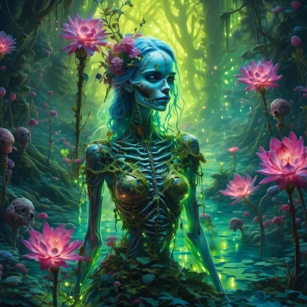 Prompt: <mymodel> alien, skeleton, woman in swamp glowing fluorescent