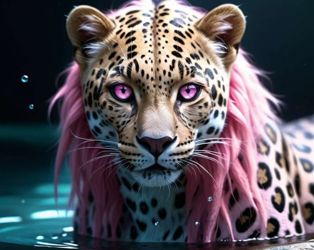 Prompt: anthro furry leopard female woman (pearly iridescent  fur) (pink eyes) (water element) starry and mystical being , UHD, 4k,intricately detailed, deep colors, high contrast (UHD, 4k,intricately detailed, deep colors, high contrast)