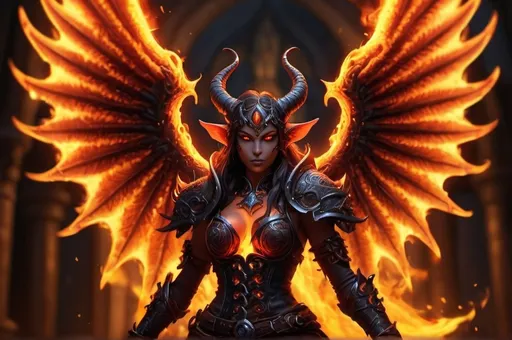 Prompt: medieval, Tiefling rogue flames spiraling from filigree wings. wings spanned,  (world of warcraft theme) UHD, 4k,intricately detailed, deep colors, high contrast (UHD, 4k,intricately detailed, deep colors, high contrast)