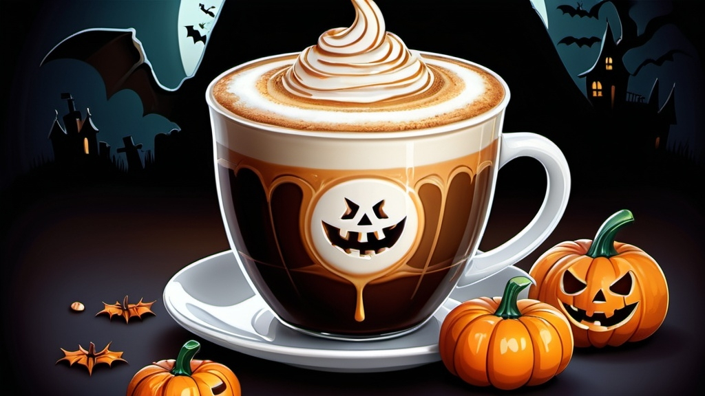 Prompt: Halloween latte cartoon, illustration  (UHD, 4k,intricately detailed, deep colors, high contrast)